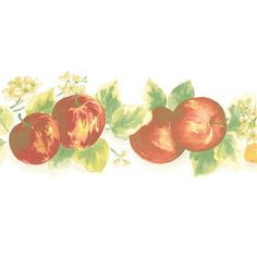 an illustration of apples and leaves on a white background