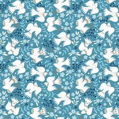 a blue background with white doves and snowflakes