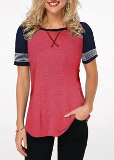 Color:Red;Size:S;Size:M;Size:L;Size:XL;Size:2XL;Color Scheme:Red;Season:Summer;Sleeve's Length:Short Sleeve;Pattern Type:Patchwork;Neckline:Round neck;Clothing's Length:Regular;Occasion:Staycation;Washing Instructions:Hand Wash /Machine Washable;Composition:95% Polyester, 5% Spandex;Package Contents:1 X T Shirt;Clothing Length:72.00;Style:Casual; Shirt For Ladies, Stylish Tops For Women, Pocket Maxi Dress, Trendy Tops For Women, Trendy Fashion Tops, Red Outfit, Round Neck Tops, Short Sleeve T Shirt, Trendy Tops