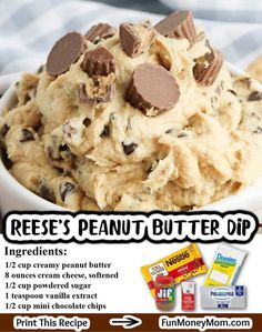 an advertisement for reese's peanut butter dip with chocolate chips in the middle and on top