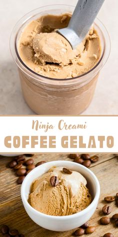 coffee gelato in a glass container with a spoon