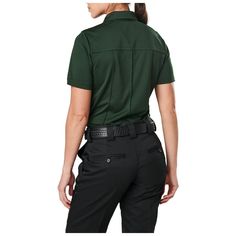 Stay cool and comfortable on the job. These 100% polyester moisture-wicking, anti-odor polos come in a variety of sizes and colors to best accompany your uniform or outfit. Spacious pockets feature pen storage and scalloped pocket flaps with button closures. Accessorize your shirt with included epaulettes, camera loop, and embroidered eyelets for badge attachment. | 5.11 Tactical Women's Class A Uniform Short Sleeve Polo Shirt In Le Green | Size Small Black Short Sleeve Polo Shirt With Pockets, Fitted Short Sleeve Polo Shirt With Pockets, Fitted Collared Polo Shirt With Pockets, Fitted Polo Shirt For Work, Functional Fitted Tops With Pockets, Fitted Tops With Pockets, Utility Fitted Tops For Workwear, Fitted Functional Short Sleeve Polo Shirt, Fitted Collared Utility Top