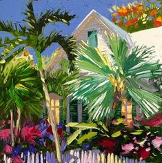 a painting of a house with flowers in the foreground and a white picket fence