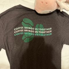 Coffee Brings Us Together A Brown Grey Medium Unisex Never Worn First Pic Is The Back Starbucks Partner, Pregnancy Shirts Funny Coffee, One Pic, Brown And Grey, Bring It On, Womens Tops, Tops & Tees, Coffee, Grey