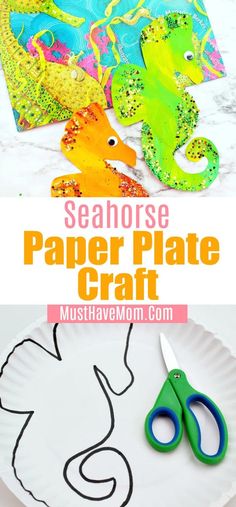 paper plate craft with scissors and seahorses on it