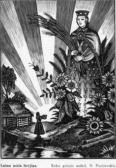 a drawing of a woman standing in the middle of a forest with sunflowers