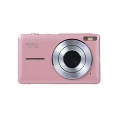 a pink digital camera sitting on top of a white surface