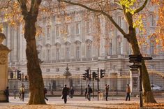 many people are walking on the sidewalk in front of a large building and trees with yellow leaves