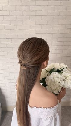 Half up half down , no curls Straight Long Hair Wedding Styles, Long Hair Wedding Styles All Down Straight, Half Up Half Down Wedding Hair Long Straight, Wedding Hairstyles Half Up Half Down Straight Hair, Bridal Hairstyles For Long Straight Hair, Straight Hair Updo Half Up, Wedding Hair Styles For Straight Hair, Long Straight Bridal Hairstyles, Bridal Hair Down Straight