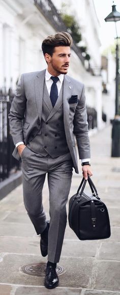 5 Must Have Suits For Men - grey suit Blue Suit Brown Shoes, Wedding Suits Men Grey, Wedding Suits Men Black, Formal Suits Men, Men's Business Outfits