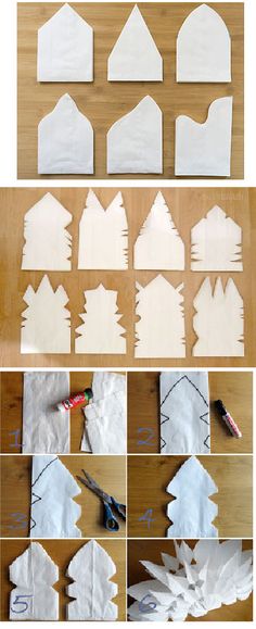 the steps to make paper snowflakes are shown with scissors and glue on them