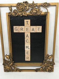 Wall Art Handmade Brass Frame Scrabble Pieces GREAT TEACHER in Black Gold Teacher Appreciation Gift Classroom Decor JAMsCraftCloset Scrabble Wall Decor, Scrabble Letter Crafts, Scrabble Tile Crafts, Scrabble Tile Wall Art, Letter Crafts, Scrabble Wall, Tile Crafts, Classroom Gifts, Scrabble Tiles