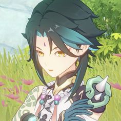 an anime character with long black hair and blue eyes, holding a green object in her hand