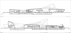 two drawings showing the different sections of a building, one with a curved roof and one with