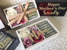 mother's day gifts are displayed on a bed with lace and flowers in them