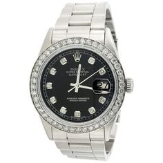 This watch is 100% Genuine Pre-Owned Rolex 36mm DateJust reference # 1601 with Custom Diamond Bezel and dial. This is a stainless steel Oyster Perpetual DateJust watch with 2 ct. t.w. of genuine diamonds added to the bezel and dial. This is a FULL size desired model for Mens. This watch is in excellent condition and looks brand new on the wrist. The original stainless steel case is in excellent condition with no dings, dents or deep scratches. The diamond bezel makes it appear larger in diameter Mens Rolex, Oyster Perpetual Datejust, Rolex Men, Pre Owned Rolex, Oyster Perpetual, Luxury Watches For Men, Bezel Diamond, Diamond Watch, Stainless Steel Band