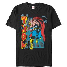 No one will accuse Thor of being a bore with the Marvel Mighty Thor Rock Black T-Shirt. This durable black shirt has a vintage feel with the comic book-style Thor smashing through a stone wall with his trusty hammer printed alongside the classic Mighty Thor logo in red and yellow. Size: medium. Gender: male. Age Group: adult. Pattern: Fictitious Character. Material: Cotton. The Mighty Thor, Man Thing Marvel, Comic Collection, Preschool Outfits, The Mighty, Baby Clothes Shops, Marvel Superheroes, Tshirts Online, Shirt Online