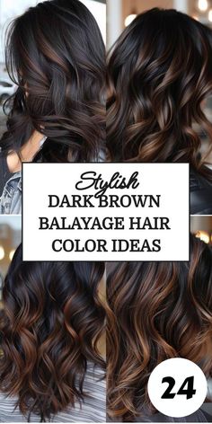 Dark And Caramel Highlights, Dark Brown Hair Balayage Long Curtain Bangs, Multi Dimensional Hair Color Brunettes, Ombre Hair For Dark Hair, Front Hair Balayage, Bob Hairstyles Balayage Brunettes, Hair Color Ideas For Black Brown Hair, Two Tone Dark Brown Hair, Brunette Colour Ideas