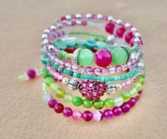 pink and green multi gemstone beaded memory wire wrap bracelet - gifts for her - bohemian jewelry - gift for mom - handmade jewelry Green Bohemian Wrap Bracelet With Gemstone Beads, Green Gemstone Beads Bohemian Wrap Bracelet, Bohemian Green Wrap Bracelet With Gemstone Beads, Bohemian Pink Wire Wrapped Beaded Bracelets, Bohemian Green Gemstone Beads Wrap Bracelet, Bohemian Pink Wire Wrapped Bracelets, Bohemian Pink Wire-wrapped Bracelet, Adjustable Whimsical Green Bracelets, Whimsical Adjustable Green Bracelets