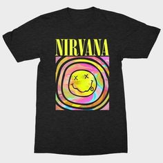 This Women's Nirvana Graphic T-Shirt helps you slay the casual look. With its colorful graphic print on the front, this tee helps you switch from a laid-back look during the day to a lounging essential at night. Its soft fabric makes it a go-to staple throughout the year. Don this women's Nirvana short sleeve graphic t-shirt to enjoy unparalleled comfort and flair. Grunge Multicolor T-shirt For Streetwear, Multicolor Funny Print T-shirt For Streetwear, Multicolor Letter Print Grunge T-shirt, Multicolor Grunge T-shirt With Letter Print, Trendy Crew Neck T-shirt For Music Festival, Tri-blend T-shirt With Funny Print For Streetwear, Casual Graphic T-shirt For Music Festival, Music Festival Graphic Tee With Front Print, Graphic Tee With Sublimation Print For Music Festival