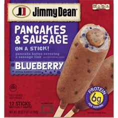 a package of blueberry pancakes and sausage on a stick is pictured in this image