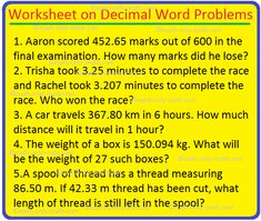 a yellow sign that says worksheet on decal word problems 1 aaron scored 425 marks out 600 in the final examination