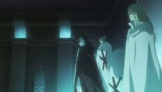 two anime characters standing next to each other in a dimly lit room with lights on