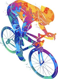 a man riding a bike with colorful paint splatters