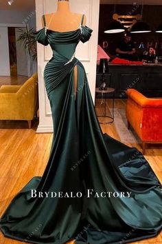 Dark Green Satin Cold Shoulder Slit Long Formal Dress Inspiration Images Dark Green Prom Dress, Prom Dresses 2022, Split Prom Dresses, Dresses 2022, Spaghetti Strap Prom Dress, Pageant Gowns, Green Prom Dress, Dress Spaghetti, Green Satin