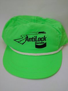 Vintage 80s Neon Green Snapback Hat Fullback Cap  "Bendix AntiLock"  Brightly colored retro cap printed with Anti Lock, Bendix. The hat is made with very lighweight fabric that feels like nylon. It is a full back and the size adjusts with snapback straps. Made in U.S.A. Good used vintage condition with little wear due to use and age. Neon Green 1980s Bendix AntiLock Snapback Hat Trucker Retro Vintage Truck Lightweight Cap Retro Cap, 80s Neon, Costume Sewing Patterns, Skate Art, Vintage Trucker Hats, Retro Accessories, Vintage Hippie, Green Hats, Vintage Truck