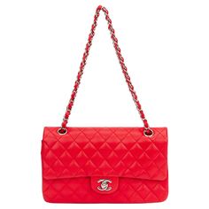 Chanel bright red lambskin 10 double flap with silver tone hardware. Includes card and original dust cover. Collection 9. Shoulder drop 9.5"/16.75". Current store retail $10,200. Chanel Bags, Dust Cover, Flap Bag, Bright Red, Fashion Handbags, Chanel Bag, Silver Tone, Chanel, Shoulder Bag