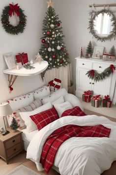 a bedroom decorated for christmas with red and white decor