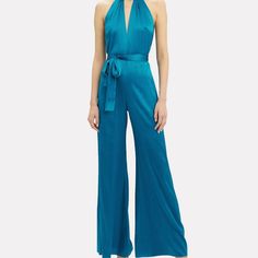 And Classy Chic Blue Jumpsuit For Evening, Chic Blue Jumpsuits And Rompers For Evening, Blue Summer Pantsuit For Party, Blue Pantsuit For Summer Party, Chic Blue Party Pantsuit, High Neck Jumpsuit, Satin Jumpsuit, Designer Jumpsuits, Satin Pants