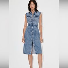 Belt Is Removable Can Be Worn As A Vest As Well.Brand New Size Xxl Length 44” Pit To Pit 21.5” Hip 21” Chic Fitted Denim Dress For Daywear, Zara Casual Midi Denim Dress, Zara Denim Midi Dress In Medium Wash, Fitted Sleeveless Denim Dress For Daywear, Fitted Denim Dress With Pockets For Daywear, Zara Summer Dresses In Dark Wash, Zara Midi Denim Dress For Summer, Denim Blue Fitted Dress By Zara, Fitted Medium Wash Denim Dress For Daywear