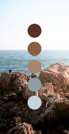 a group of circles hanging from the side of a cliff next to the ocean in front of some rocks