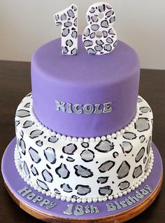 a purple and white leopard print birthday cake