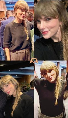 several pictures of taylor swift and taylor's hair in different styles, including long braids