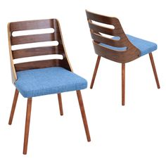 two wooden chairs with blue upholstered seat covers on each one and the other side