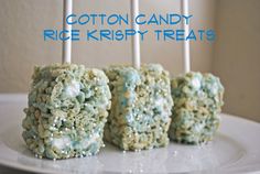 cotton candy rice krispy treats on a white plate