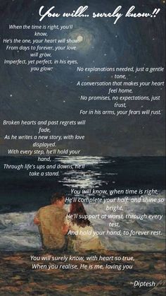 a poem written on the beach with an image of a man sitting in the water