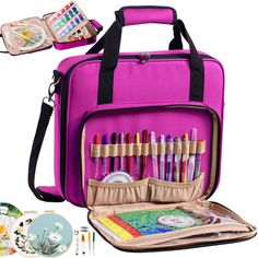 a pink bag filled with crayons and markers next to some other items on a white background