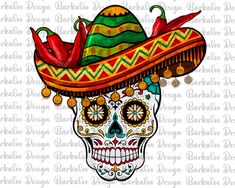 a sugar skull wearing a sombrero with chili peppers on it's head