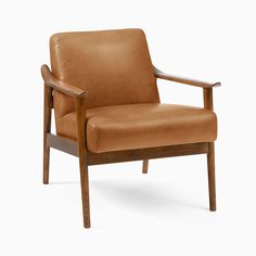 a brown leather chair with wooden arms and arm rests on a white background, it appears to be empty