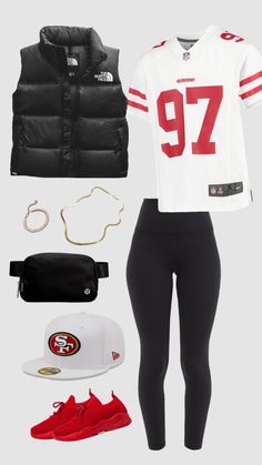 Niners Outfit Women, Nfl Game Day Outfit Woman Eagles, Cute Outfits For Nfl Football Games, 49ers Game Outfit Women, Nfl Training Camp Outfit, Football Season Outfits For Women, 49er Women Outfit, 49ers Football Game Outfit, Super Bowl Outfits For Women 49ers