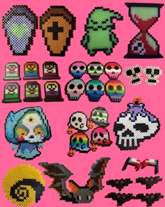 an assortment of pixelated objects on a pink background