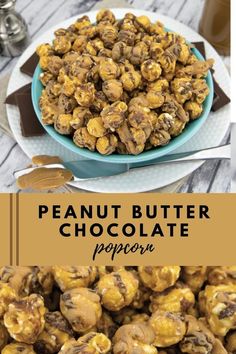 peanut butter chocolate popcorn on a plate and in a bowl with spoons next to it