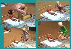 four different pictures of a man and woman playing with each other on the floor together