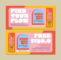 two coupons with the words find your flow and free $ 50 off on them