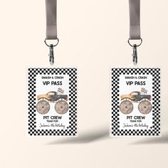 two luggage tags with an image of a car on them and the words, vw pass