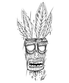 a drawing of a tiki mask with feathers on it's head and glasses